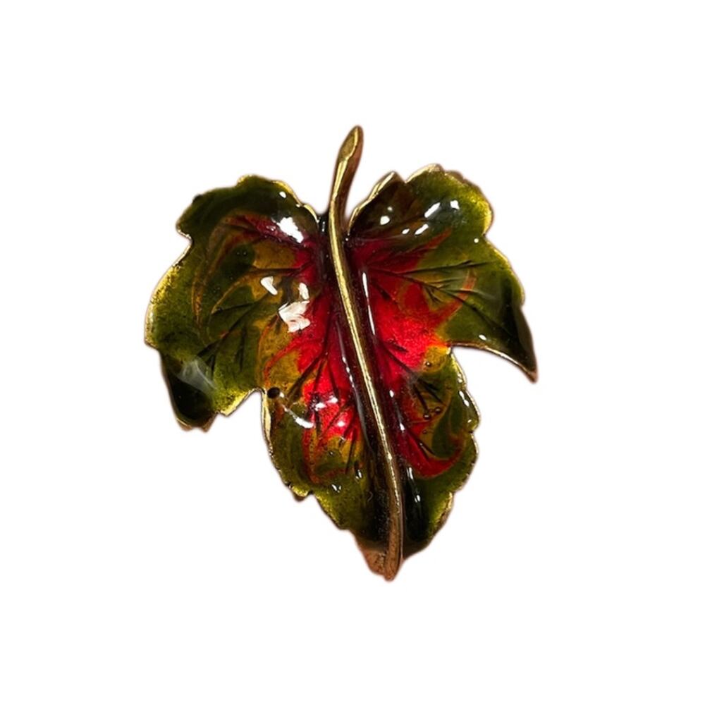 Vintage-Style Leaf Brooch Pin Red Green & Gold-Tone Vein Detail - Approx. 2"-EUC